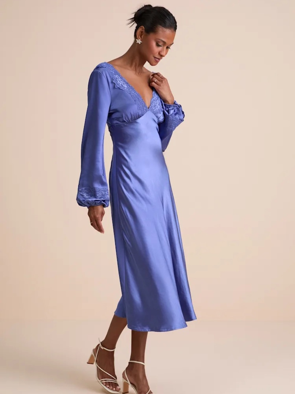 Periwinkle Satin Long Sleeve Midi Dress, “Illustrious Elegance”